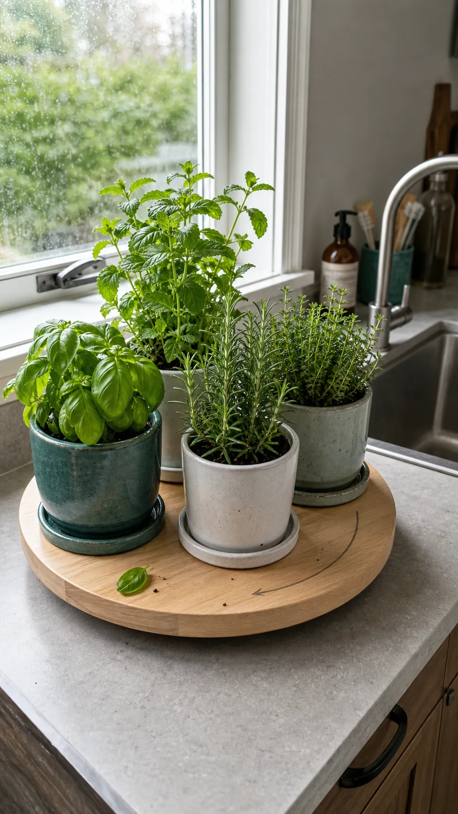 Round rotating tray holding small herb pots on a kitchen counter