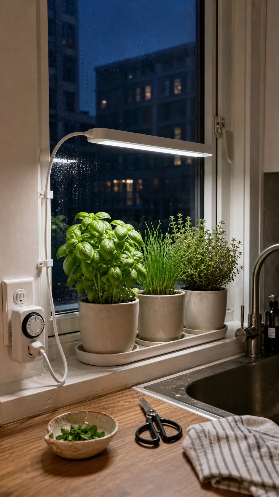 Slim clip-on grow light supplementing herbs at a winter kitchen window