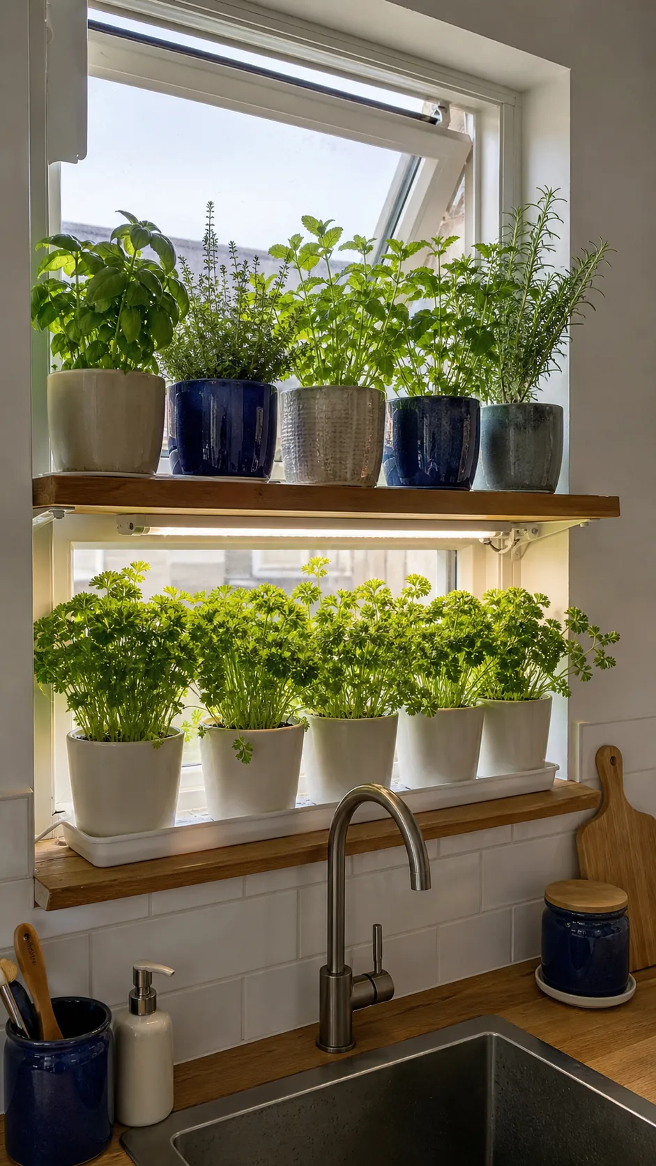 Under-shelf grow light illuminating a lower row of kitchen herbs