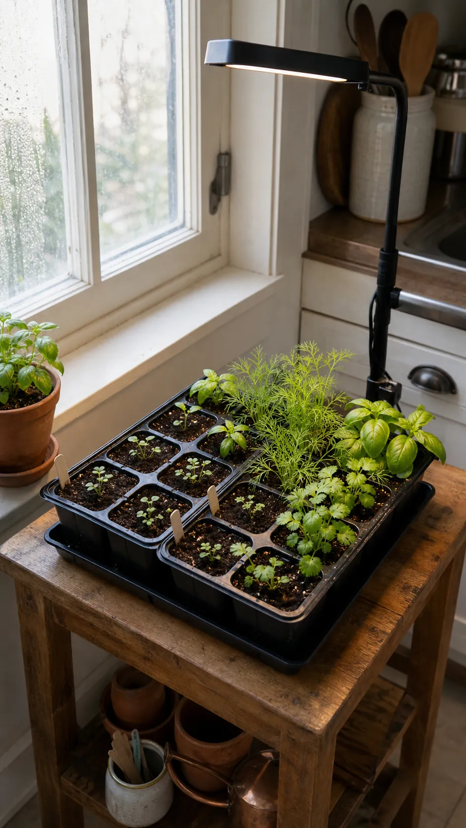 Shallow cell tray with newly emerged culinary herb seedlings in a kitchen window
