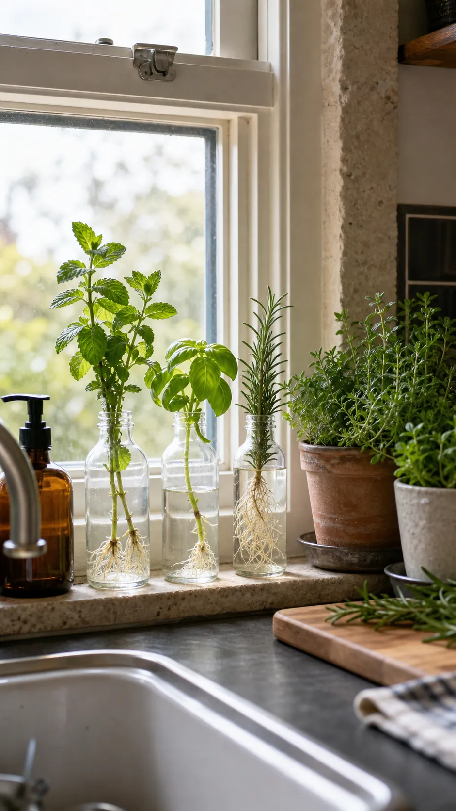 Mint basil and rosemary cuttings rooting in small glass bottles by a window