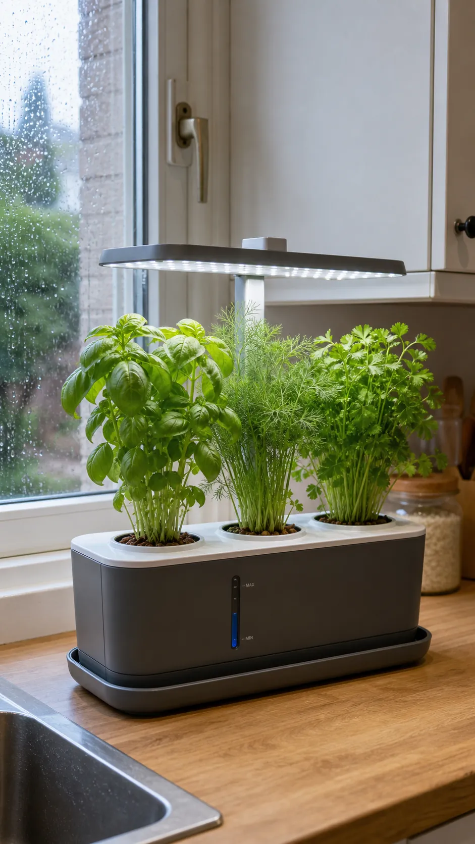 Small countertop hydroponic herb garden beside a kitchen window