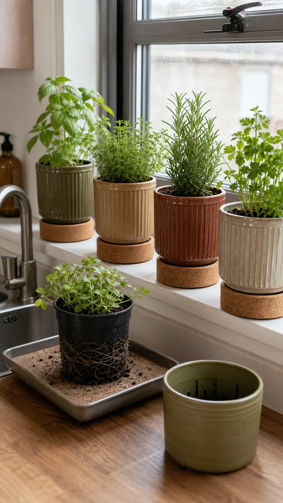 Herbs in removable nursery pots nested inside matching ceramic covers