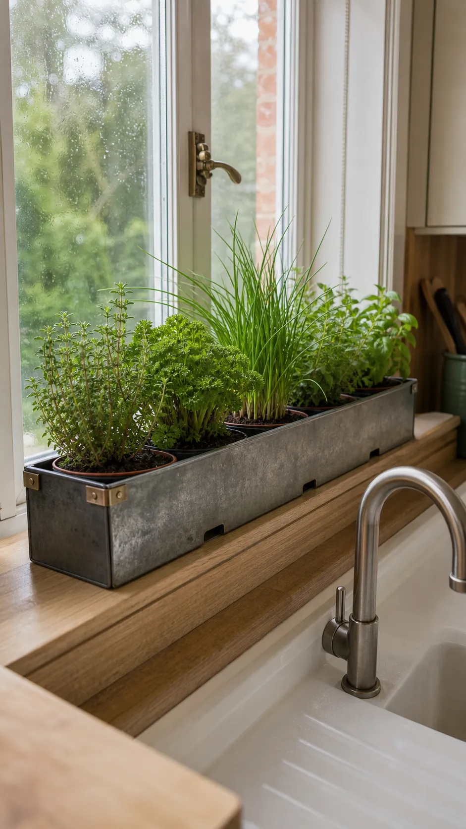 Long kitchen window trough holding separate removable herb pots