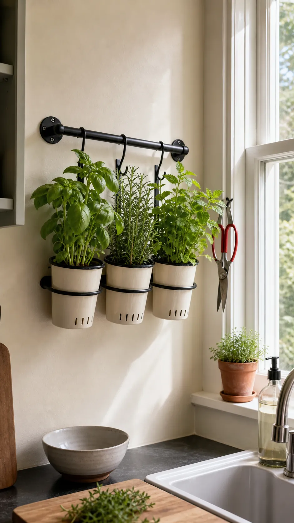 Slim rail with removable herb cups beside a kitchen window