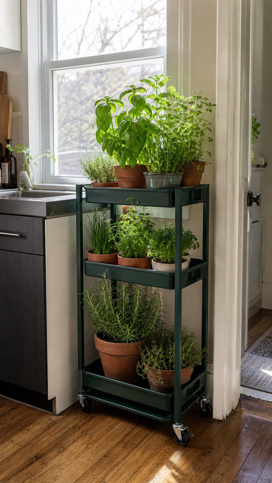 Narrow rolling cart of herbs positioned beside a sunny kitchen window