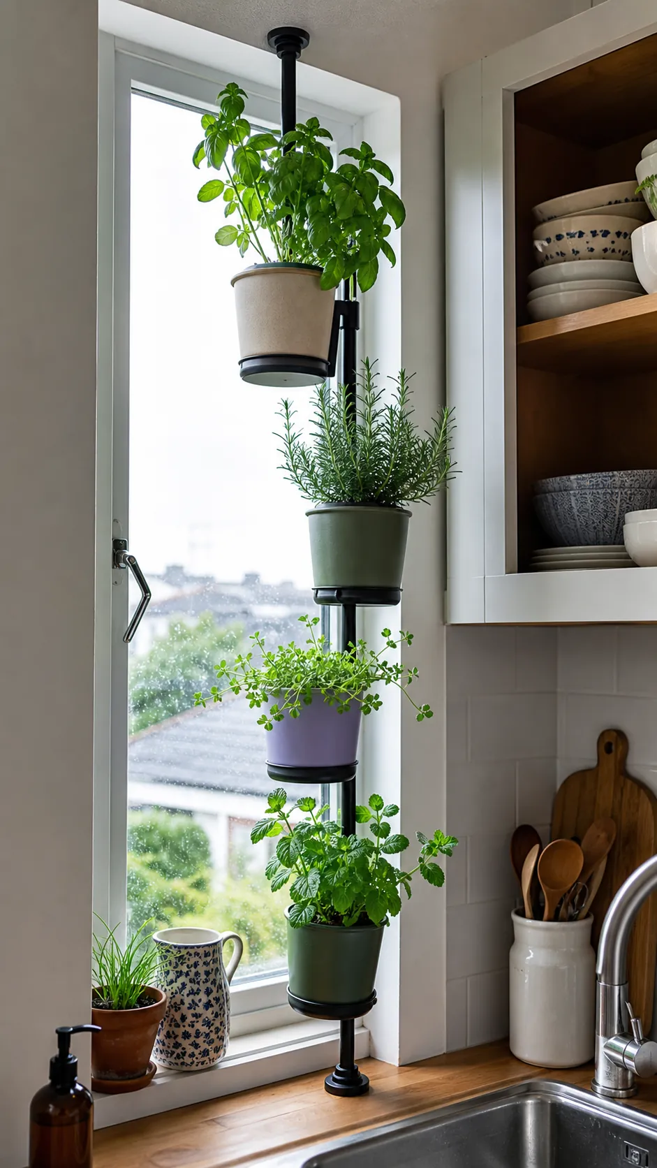 Vertical tension pole with small herb planters in a kitchen window