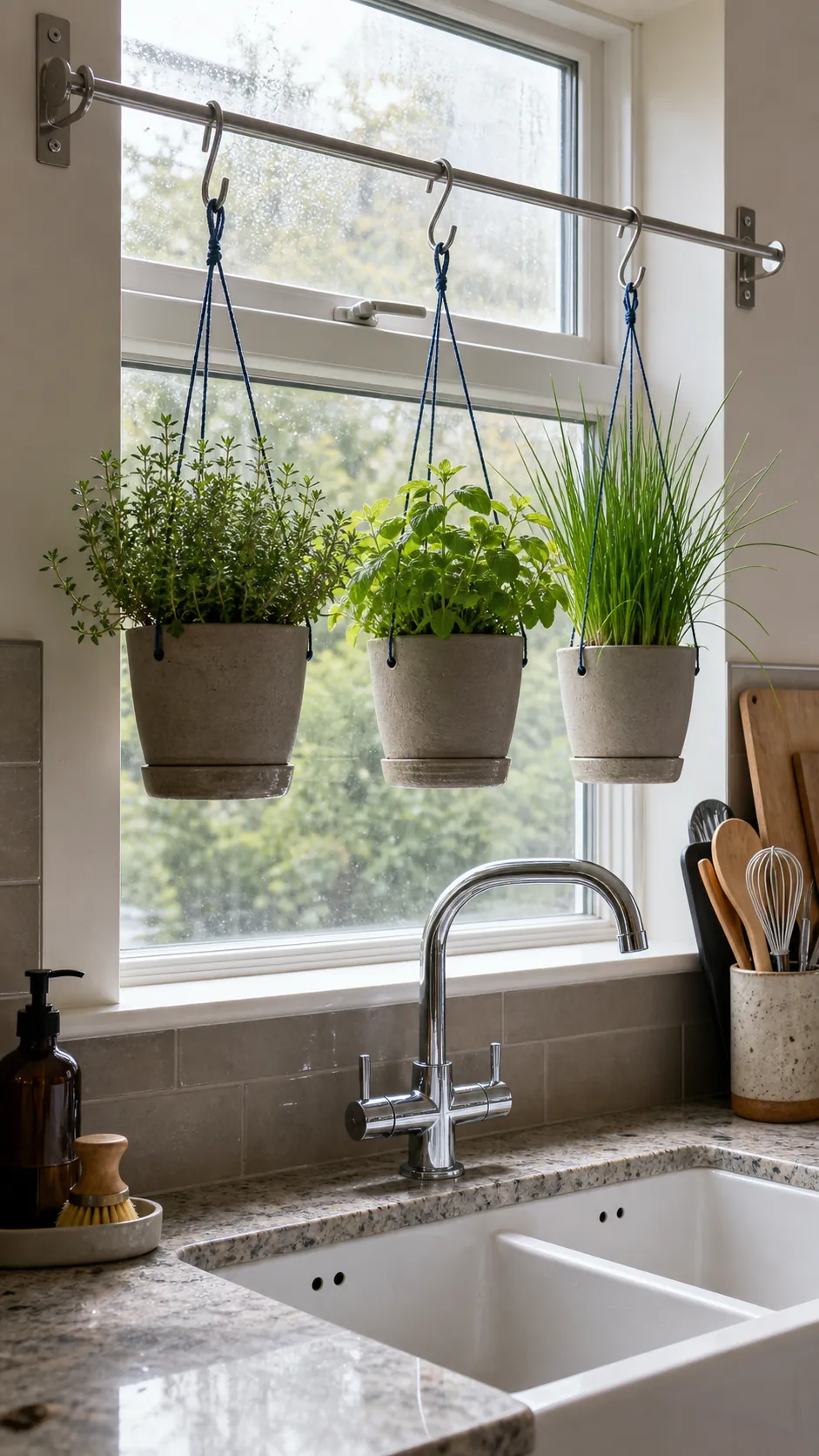 Single hanging bar with three lightweight herbs above a kitchen sink