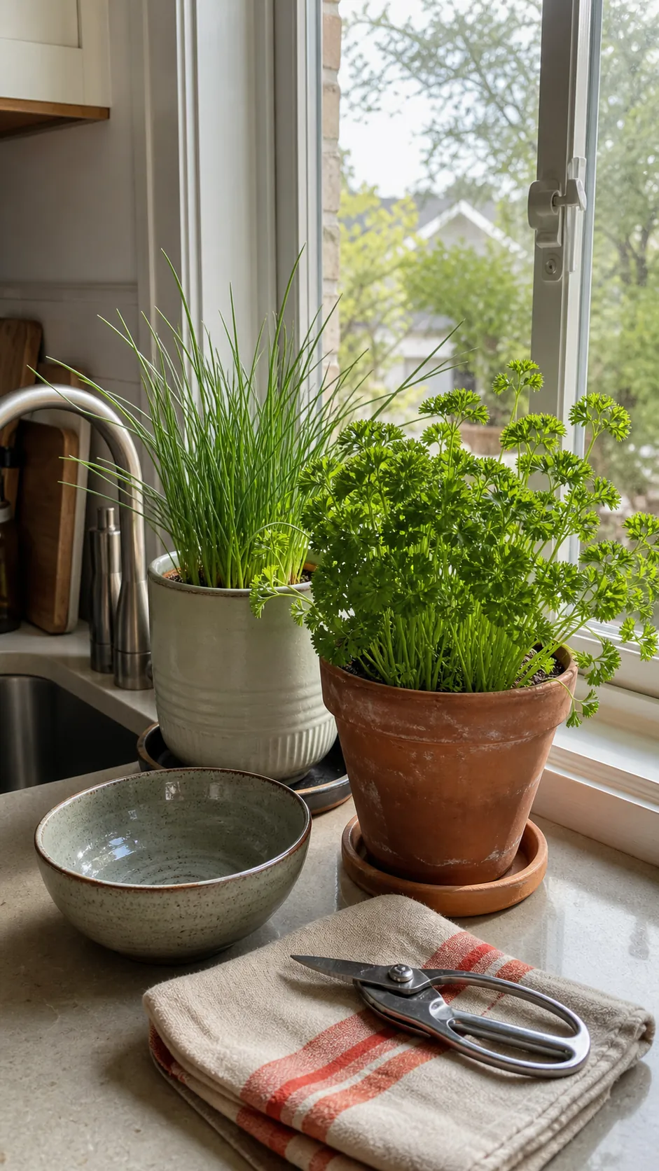 Herb scissors bowl and clean towel beside windowsill pots