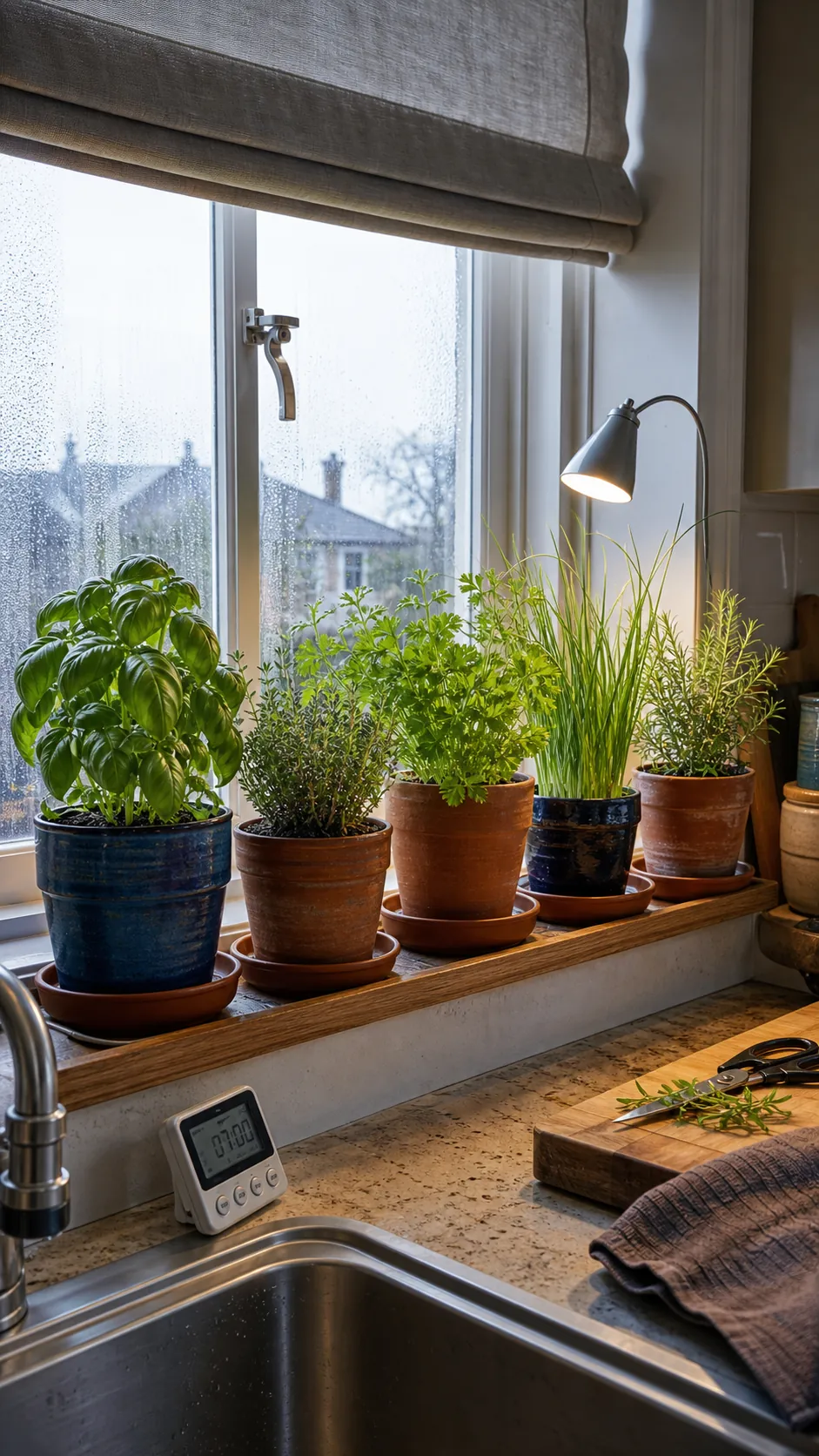 Edited seasonal collection of healthy culinary herbs in a bright kitchen window