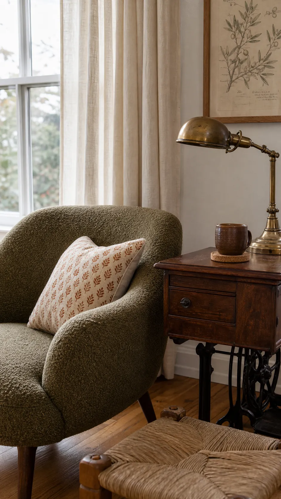 Vintage and modern decor connected by repeated wood and olive tones