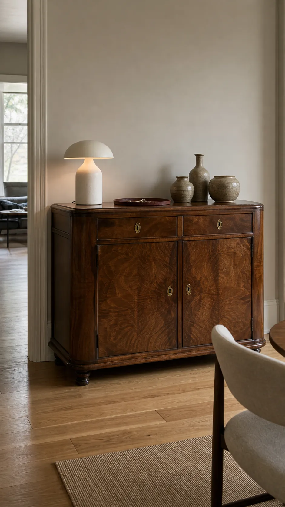 Vintage walnut sideboard used as a focal point in a modern room