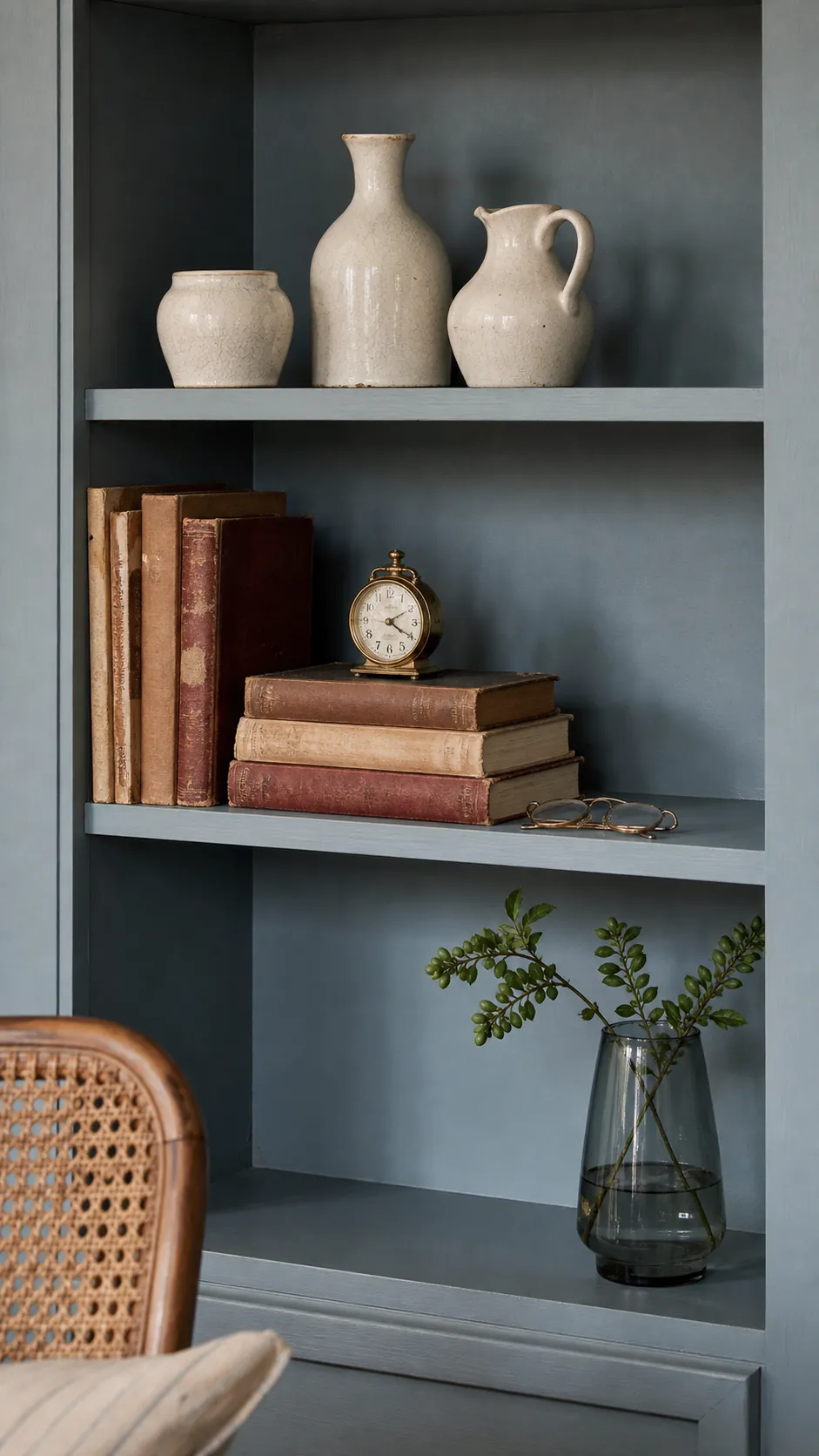 Carefully edited shelf display of books ceramics and nostalgic objects