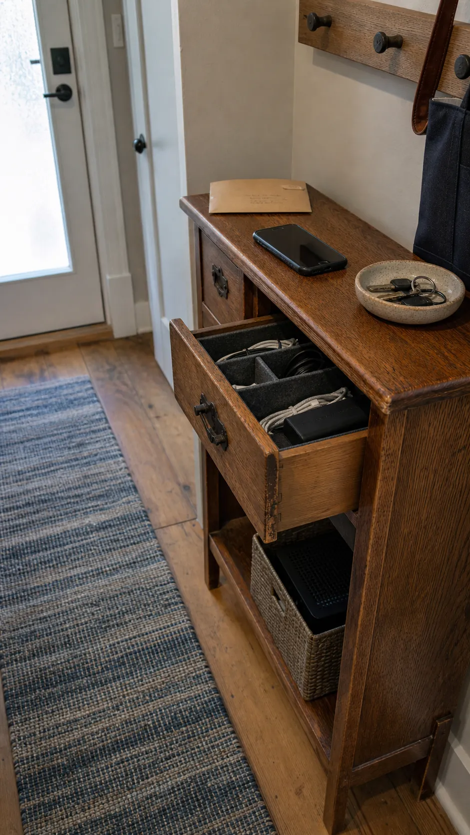 Old wooden cabinet repurposed as practical modern household storage