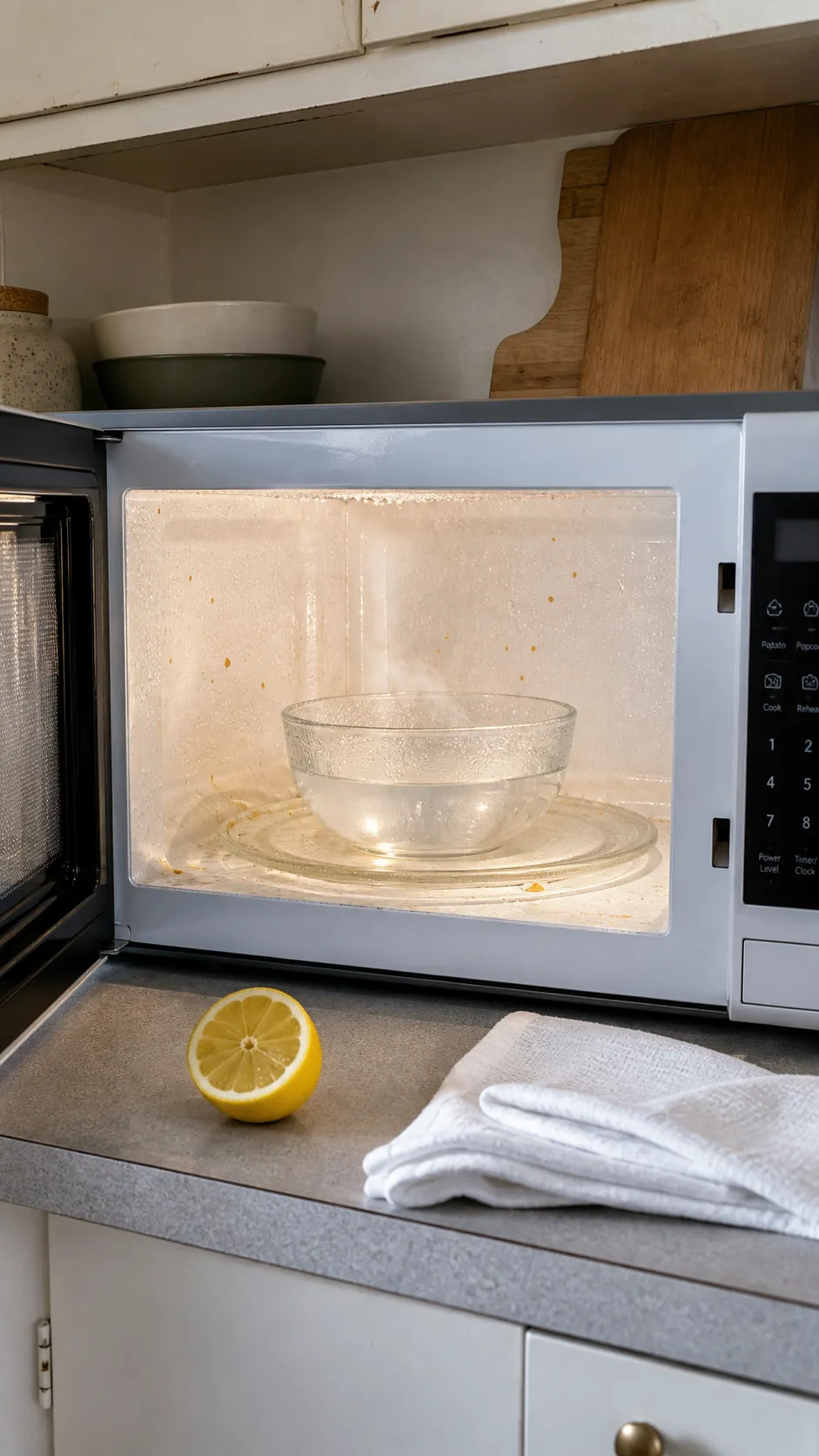 Steaming water loosening splatters inside an open microwave