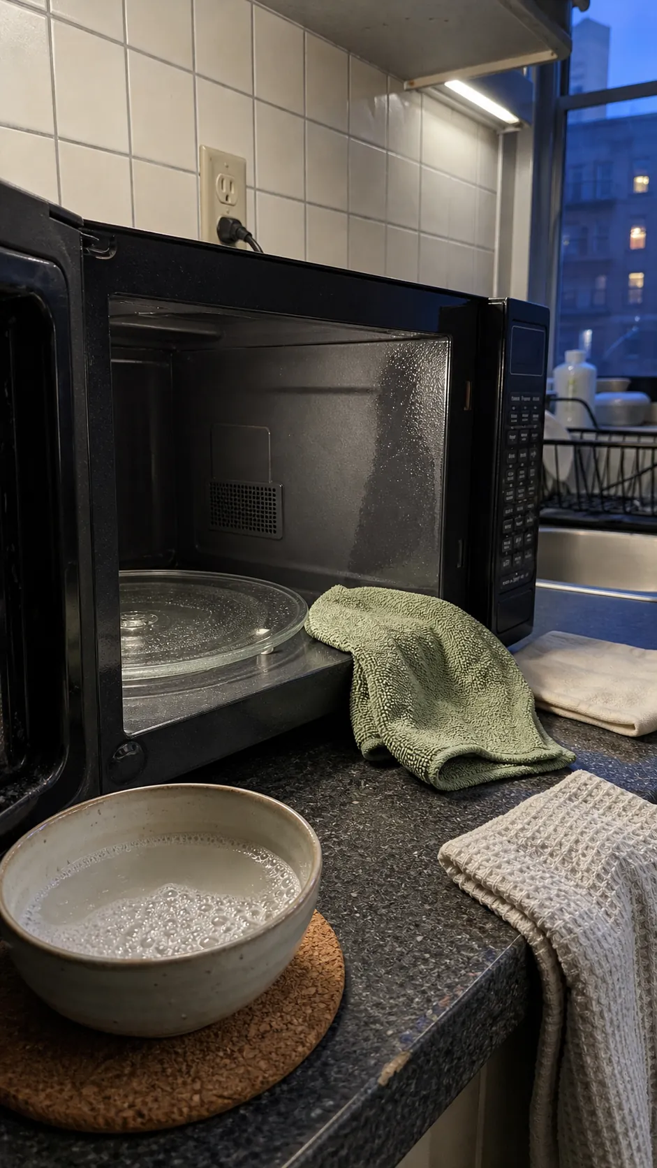 Microfiber cloth and diluted dish soap cleaning greasy microwave walls