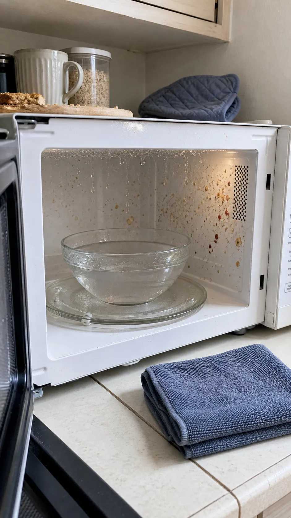 Bowl of steaming water loosening food splatters inside a microwave