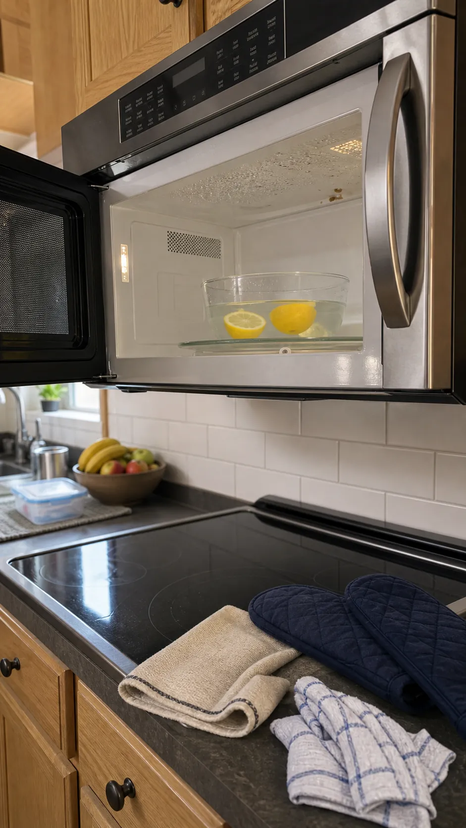 Fresh lemon water steaming in a microwave to loosen residue and odors