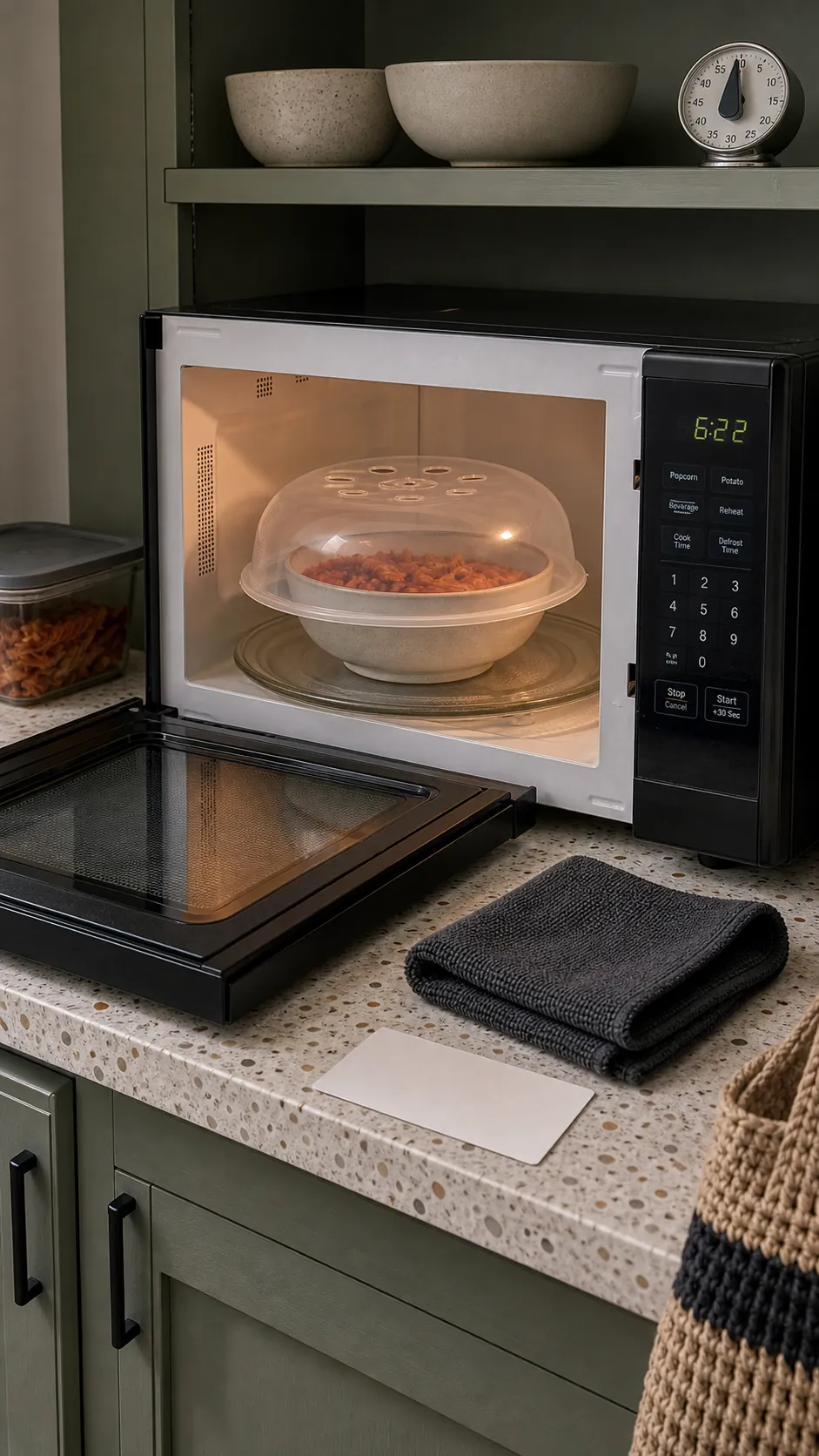 Microwave-safe splatter cover and cloth ready for a quick cleaning routine