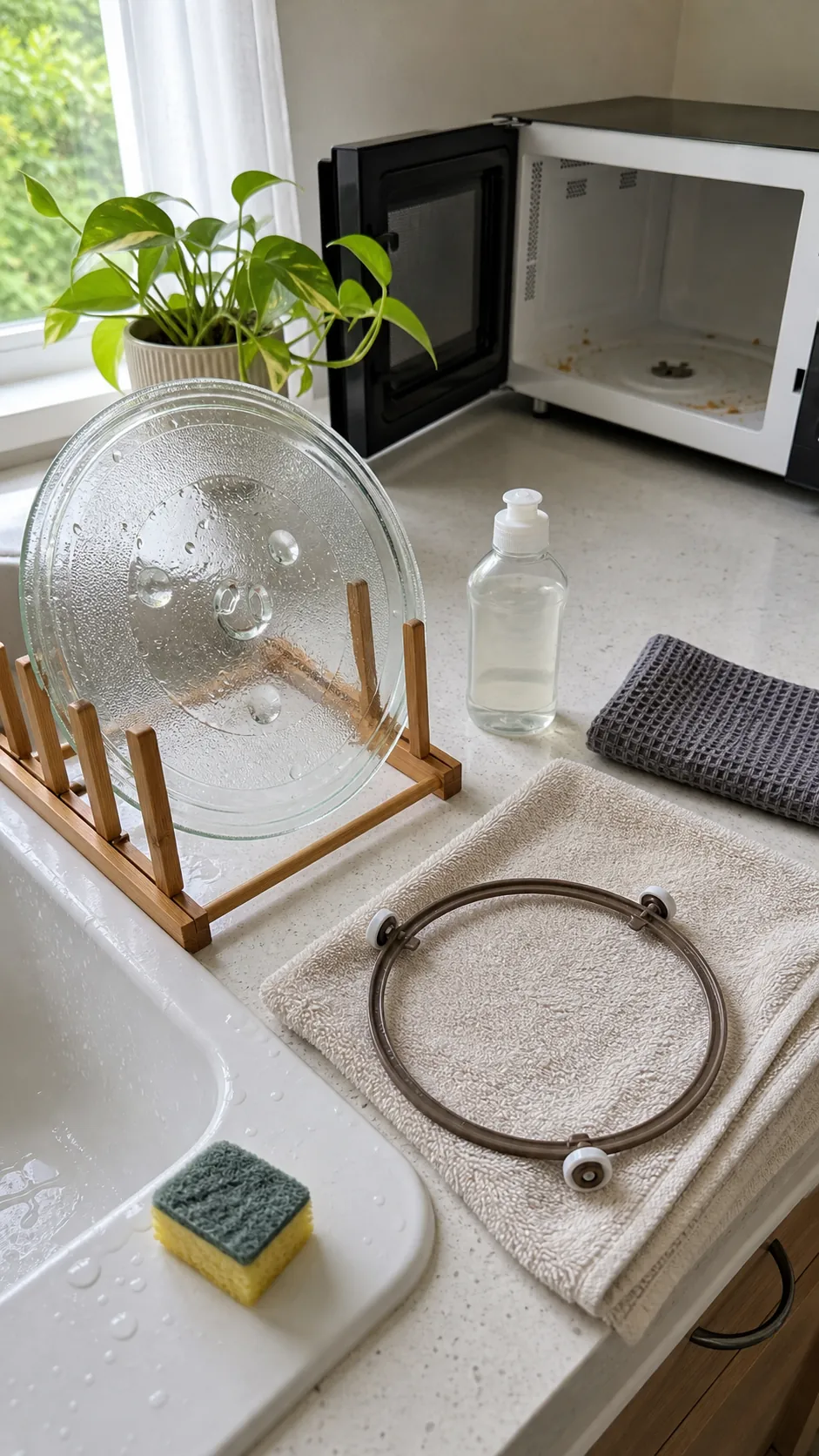 Microwave glass turntable and roller ring being washed at the sink