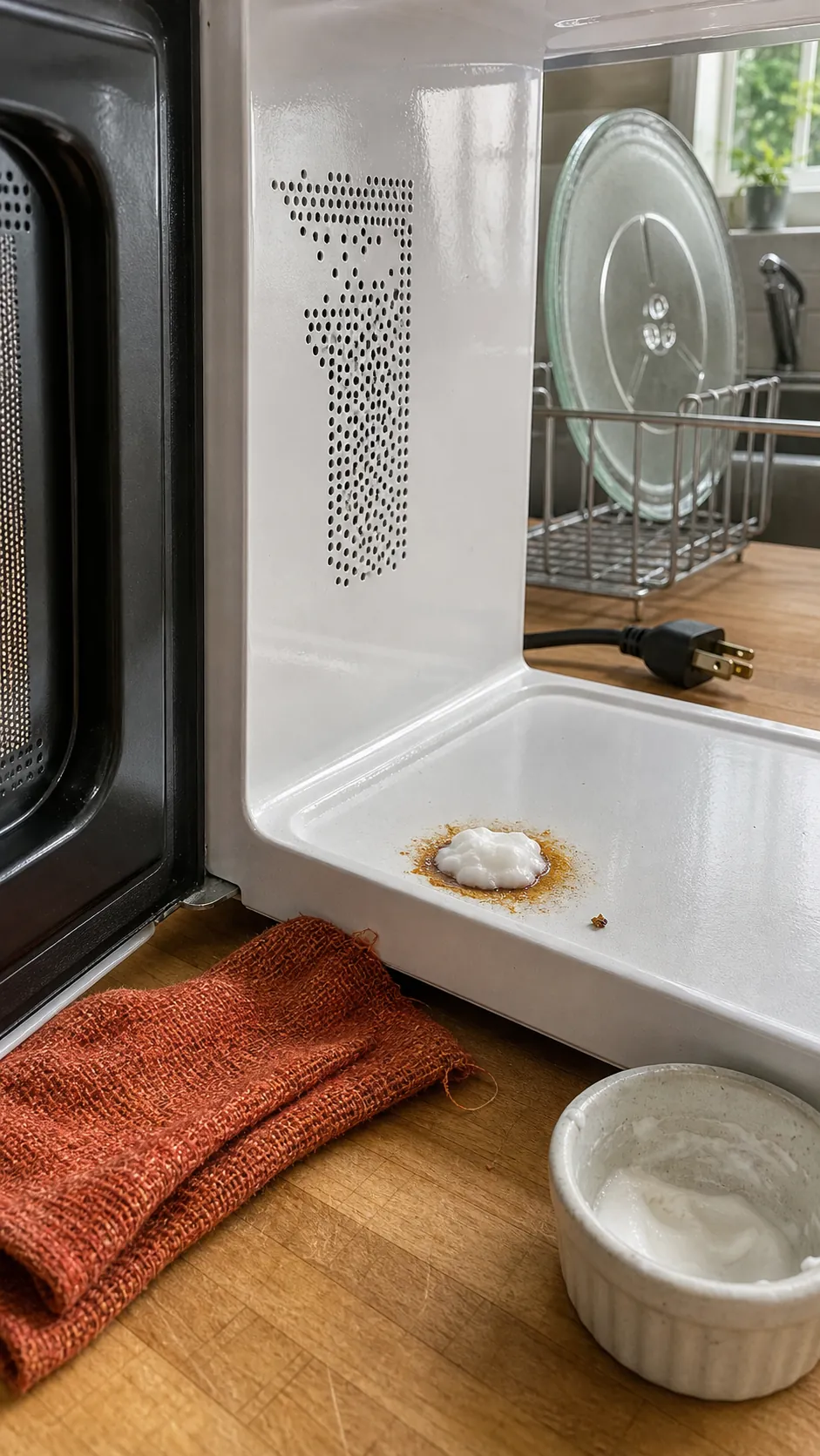 Small baking soda paste treatment on a burnt microwave food spot