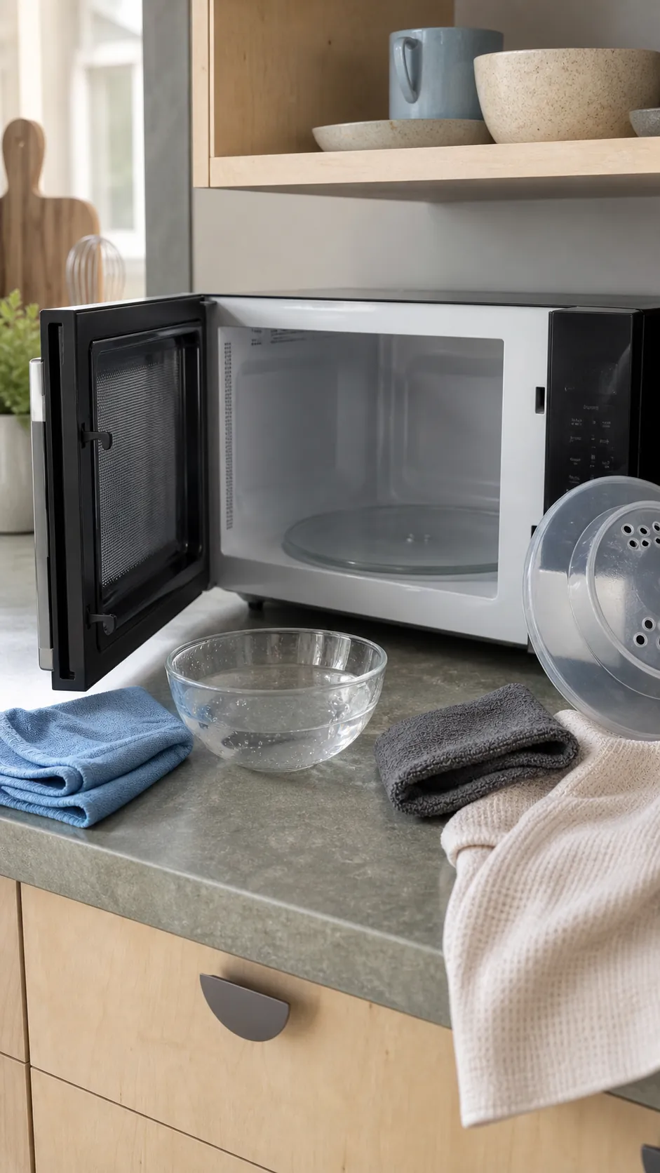 Simple easy microwave cleaning routine in a small kitchen