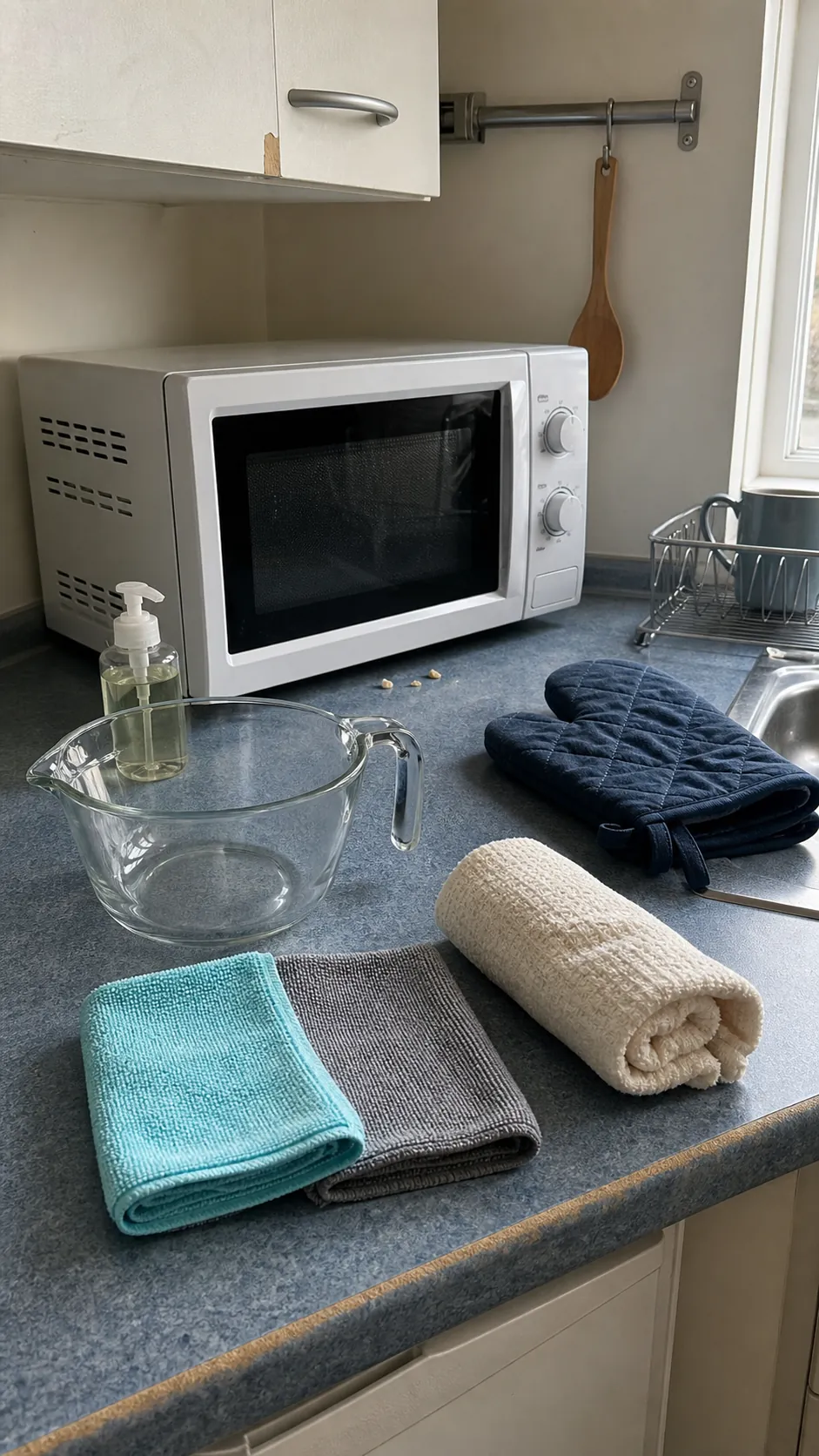 Simple microwave cleaning kit arranged on a small kitchen counter