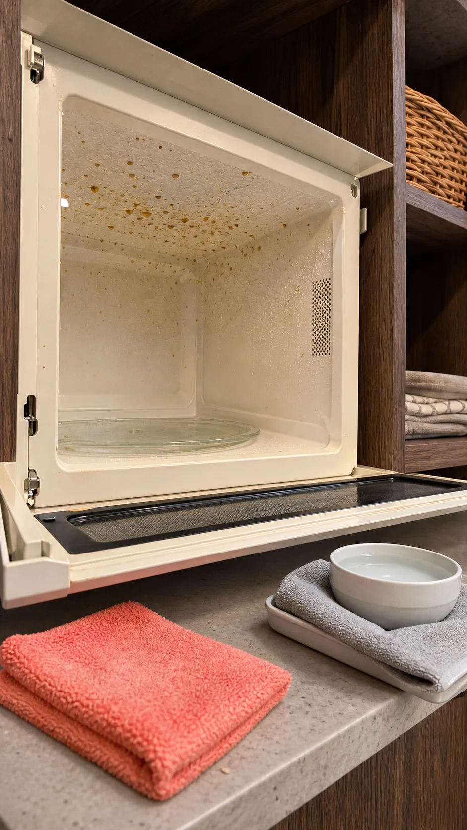 Soft cloth ready to wipe the steamed ceiling of a microwave