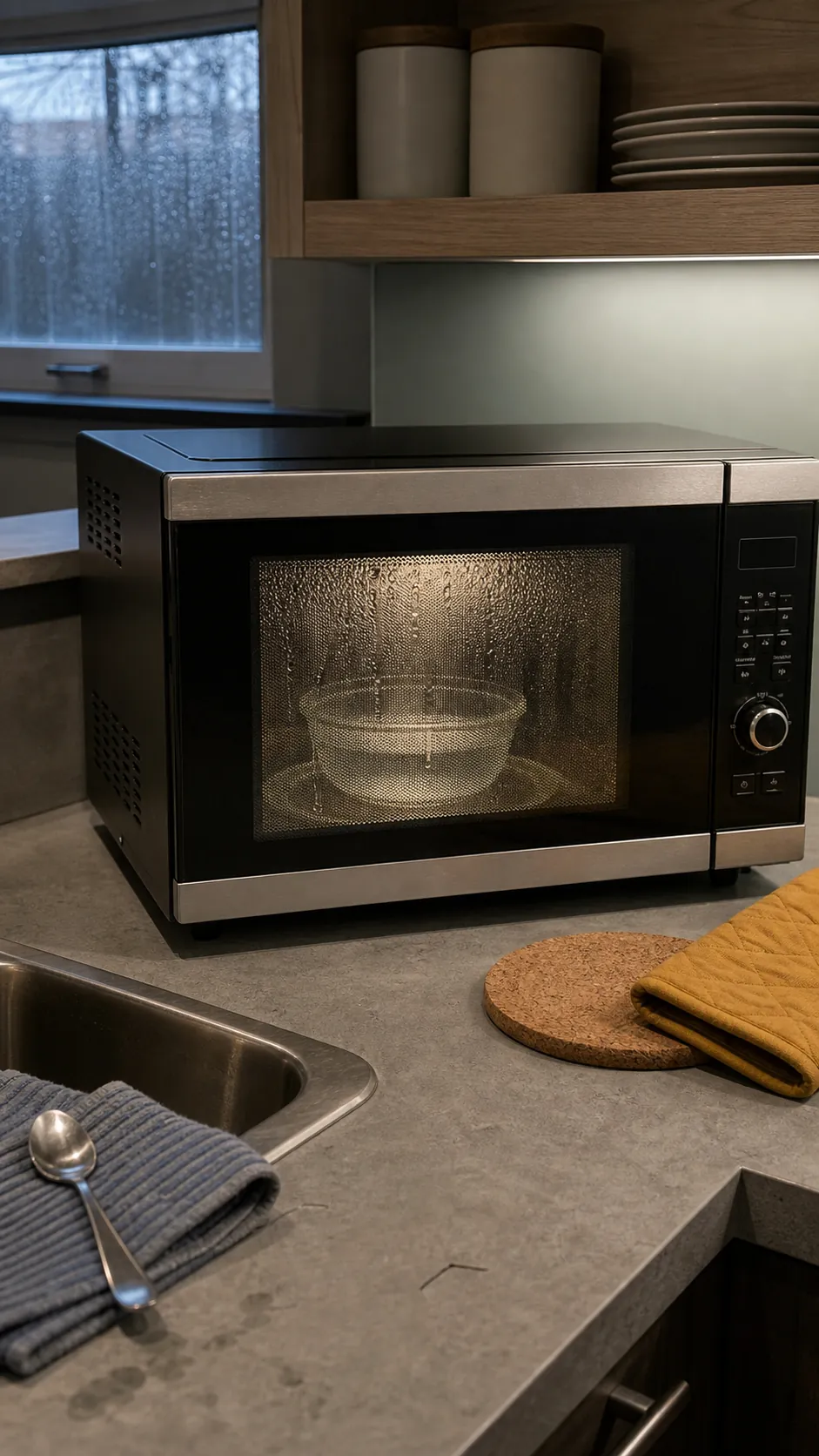 Microwave-safe glass bowl creating steam inside a small microwave