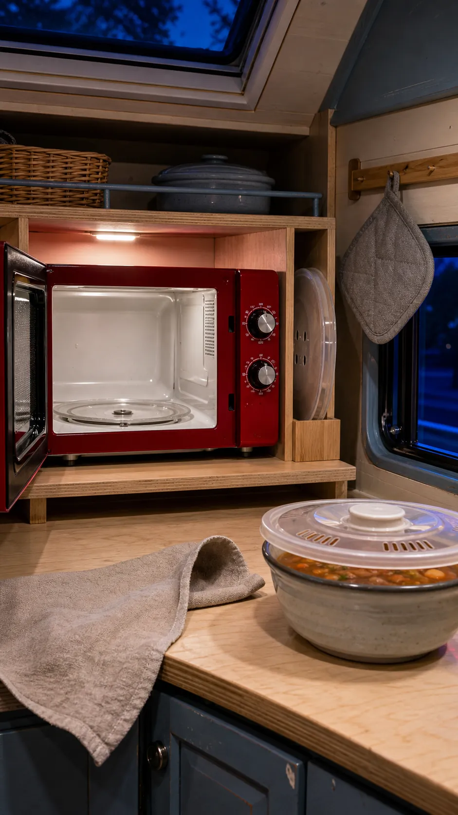 Clean dry microwave with turntable reassembled and splatter cover stored nearby