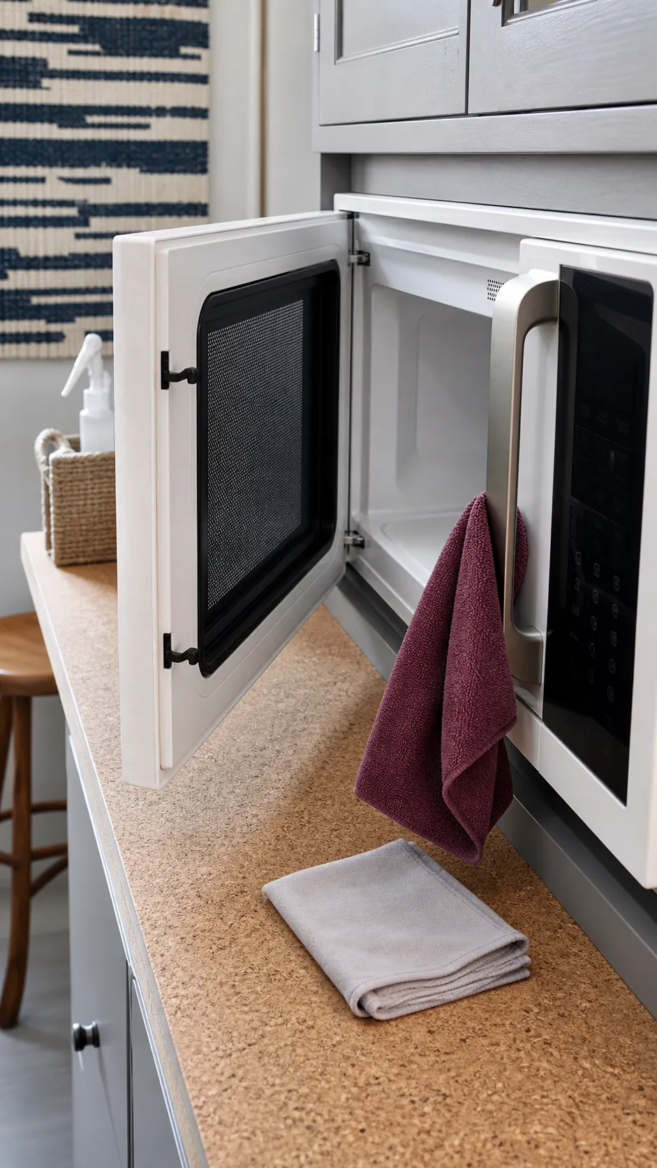 Barely damp microfiber cloth cleaning a microwave door and control panel
