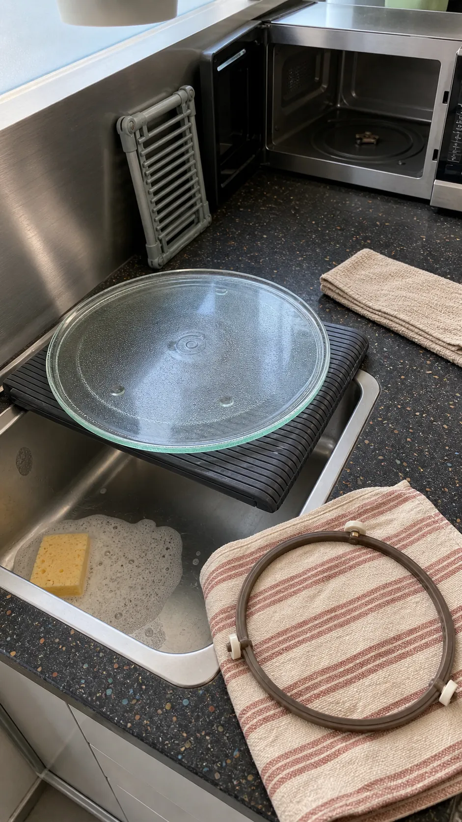 Glass microwave turntable and roller ring drying beside a small sink