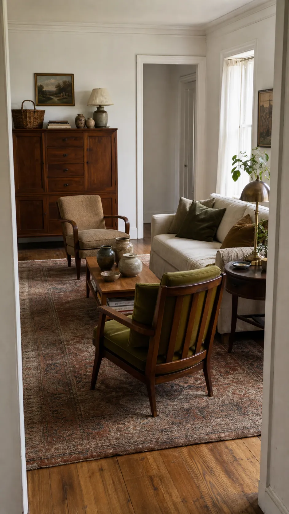 Intentional thrifted decor styled in a warm collected living room