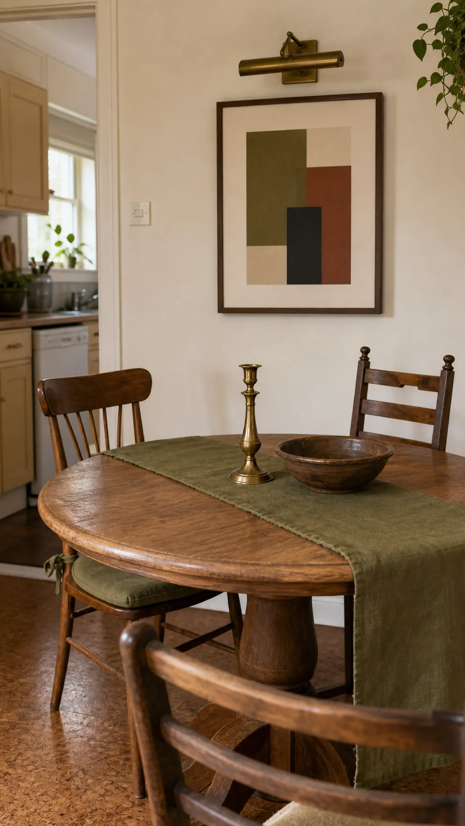 Thrifted decor unified by repeated olive brass and warm wood cues