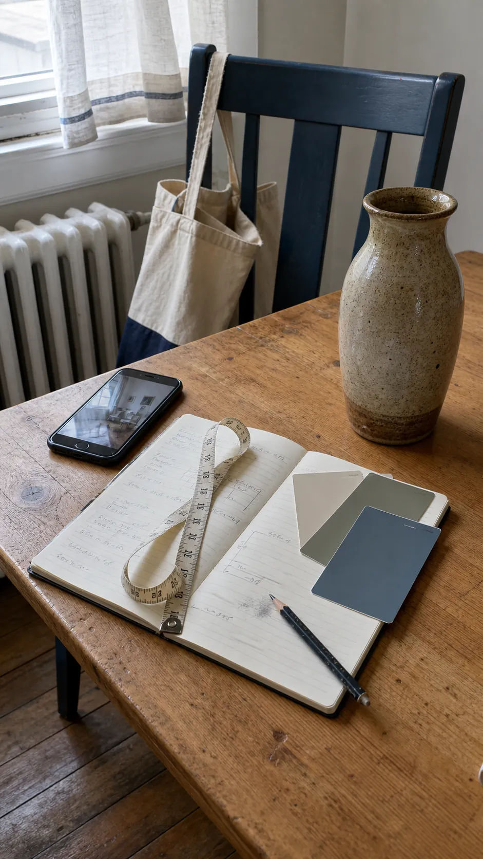 Measured room plan and thrifted decor chosen for a specific place