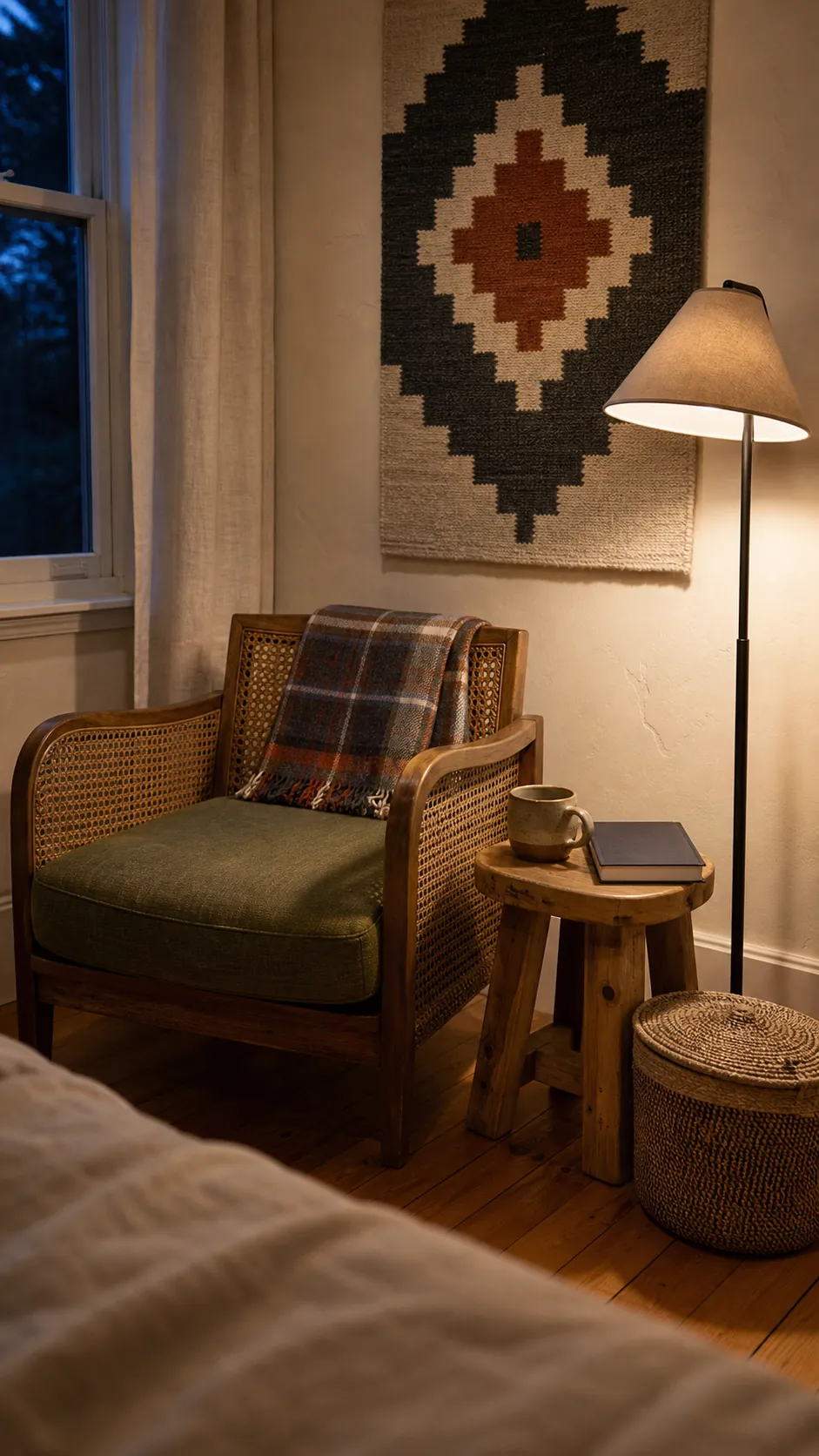 Edited reading nook with purposeful thrifted decor and practical storage