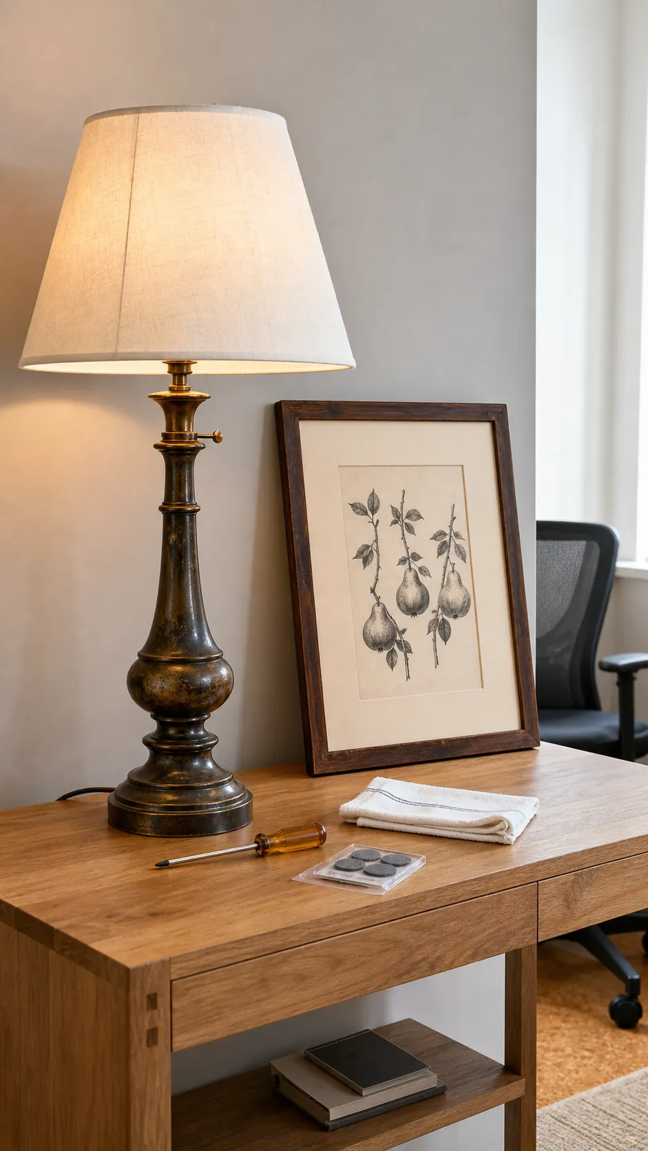 Restored thrifted lamp and reframed art styled in a modern home