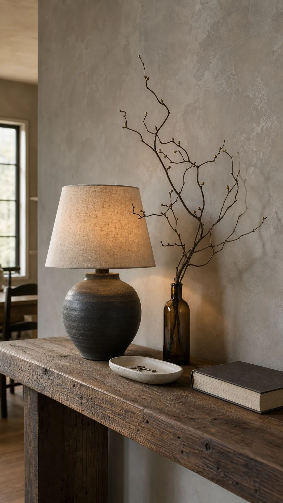Ceramic table lamp styled with branches and a shallow tray