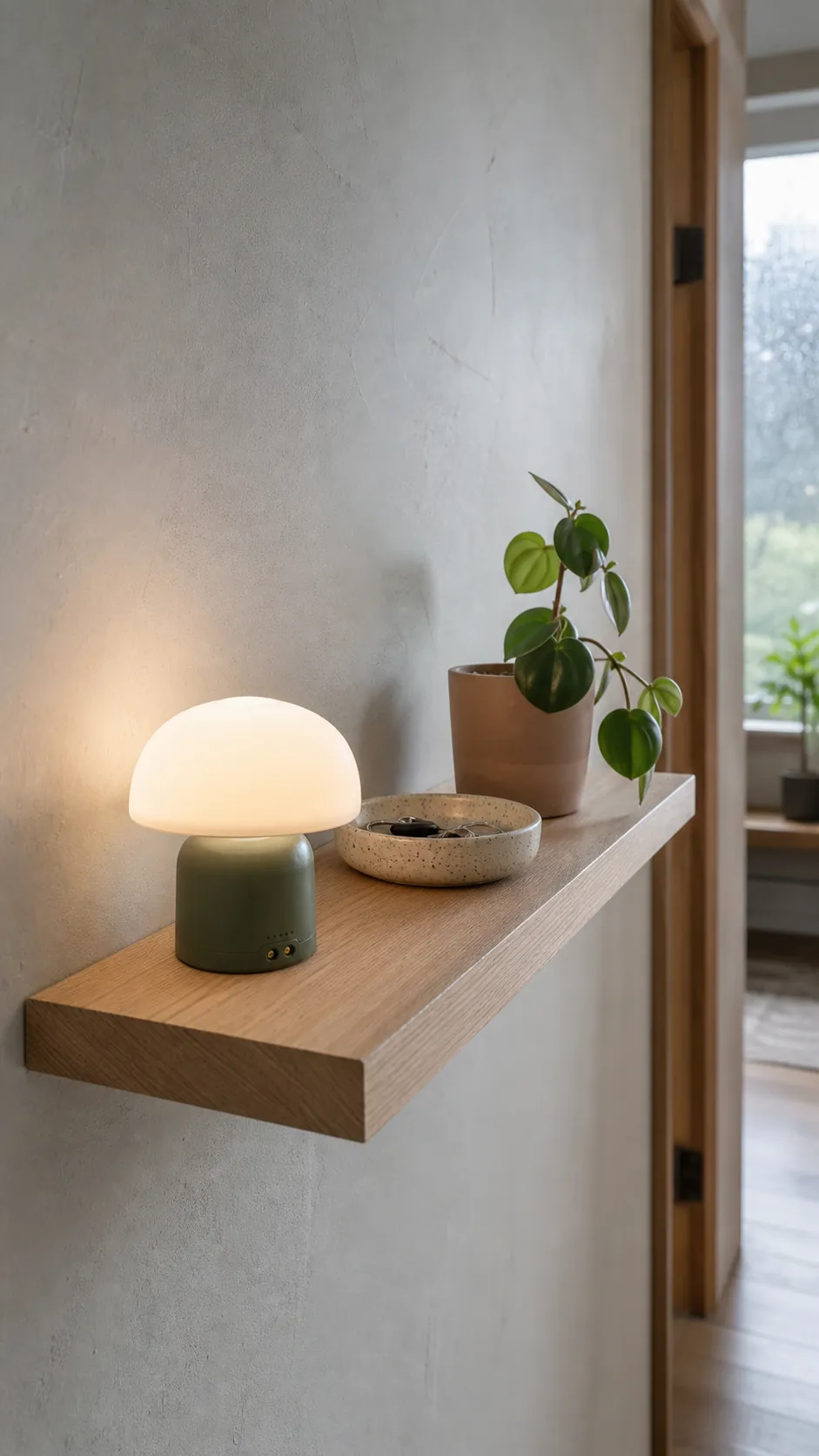 Rechargeable small lamp glowing on a narrow floating shelf