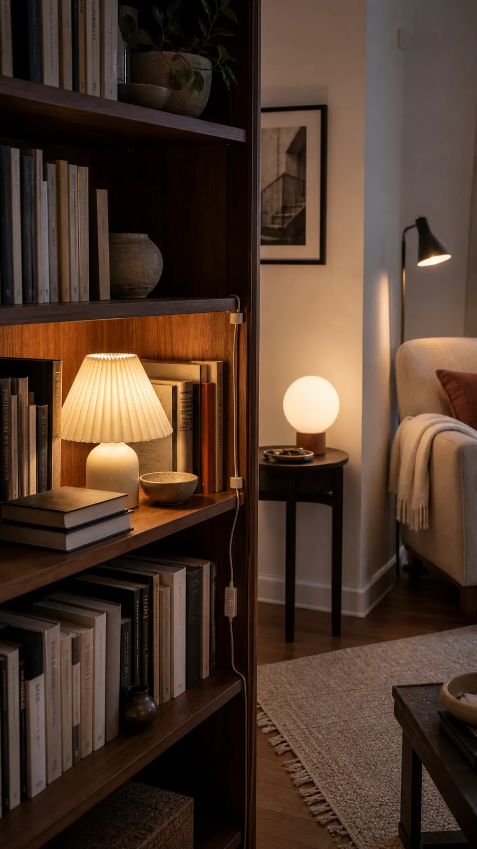 Collection of small lamps creating warm pools of light across shelves and a living room corner