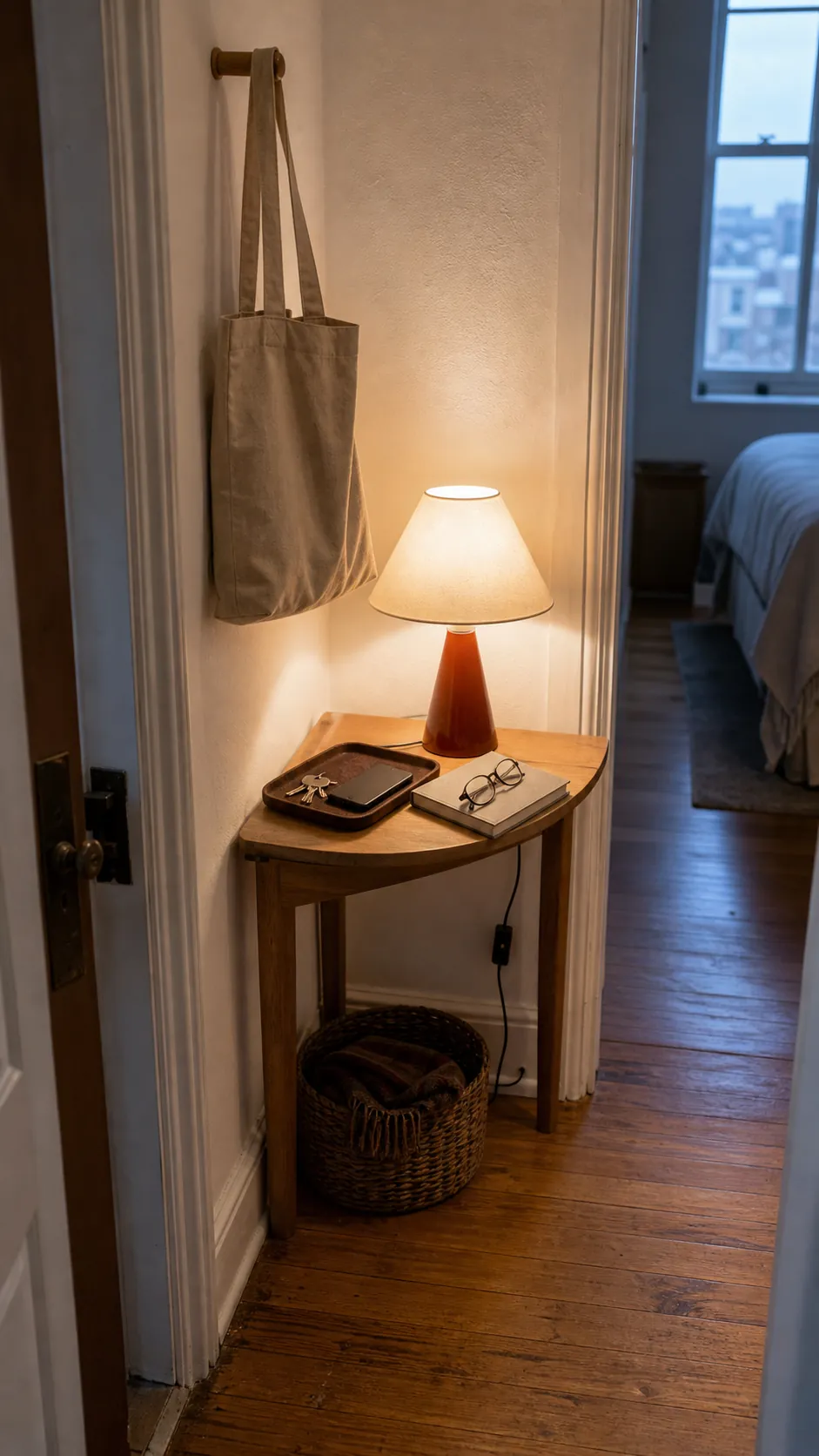 Small lamp on a narrow corner table used as an evening landing spot