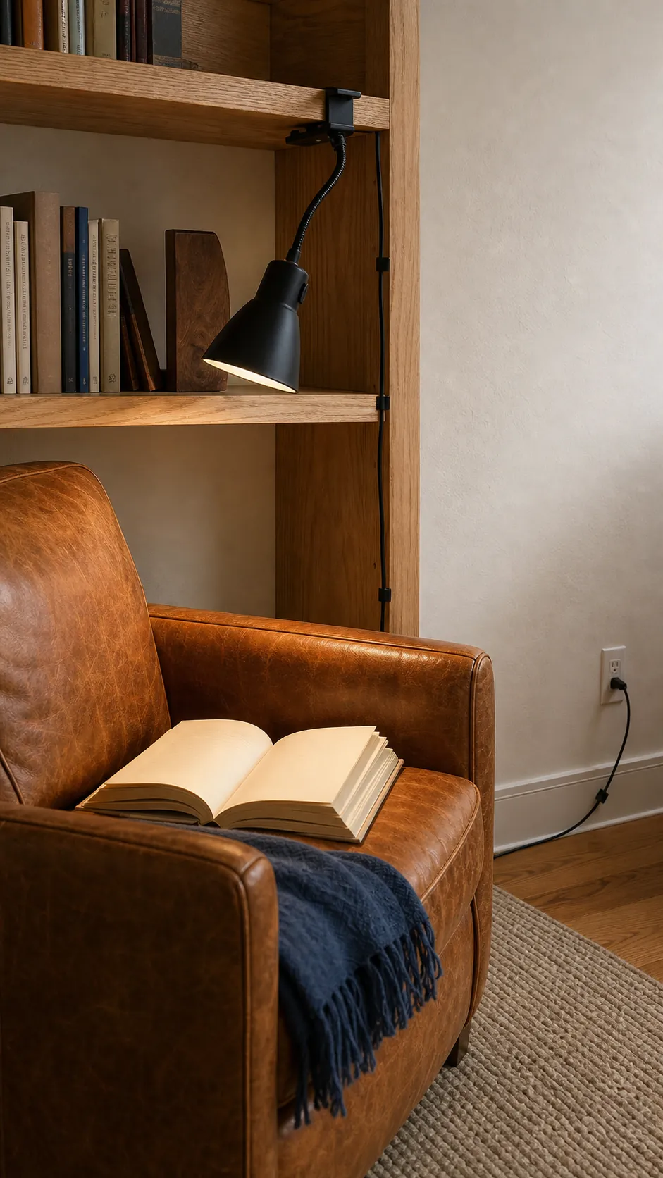 Compact clip lamp attached to a bookshelf beside a reading chair