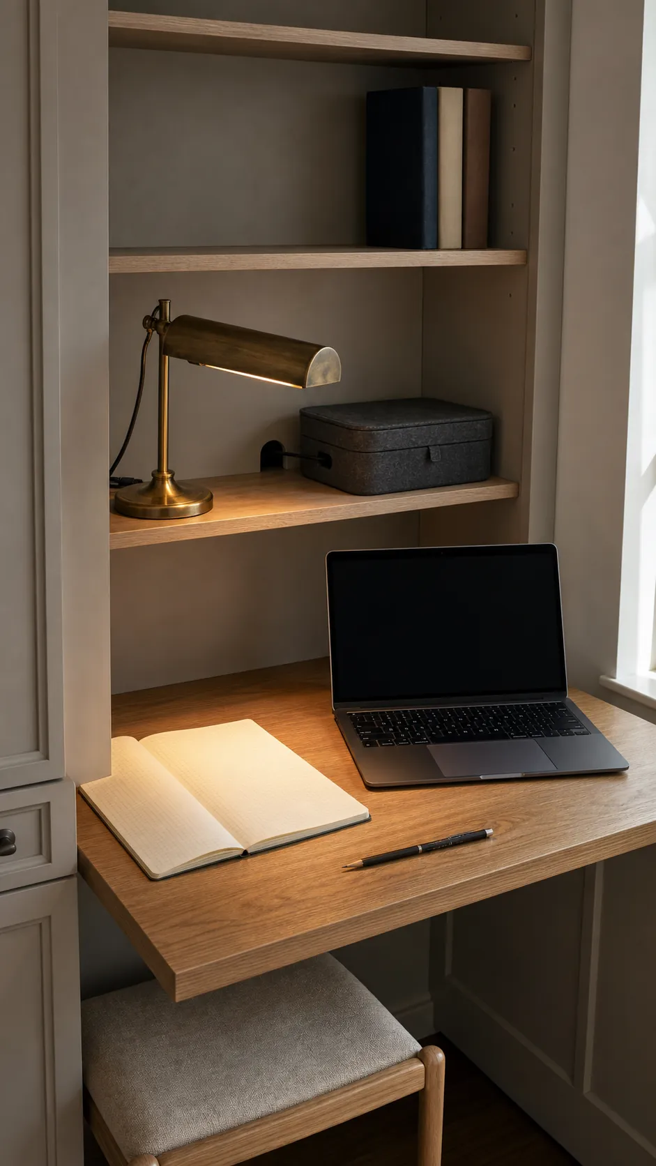 Small library lamp connecting a compact desk and wall shelves