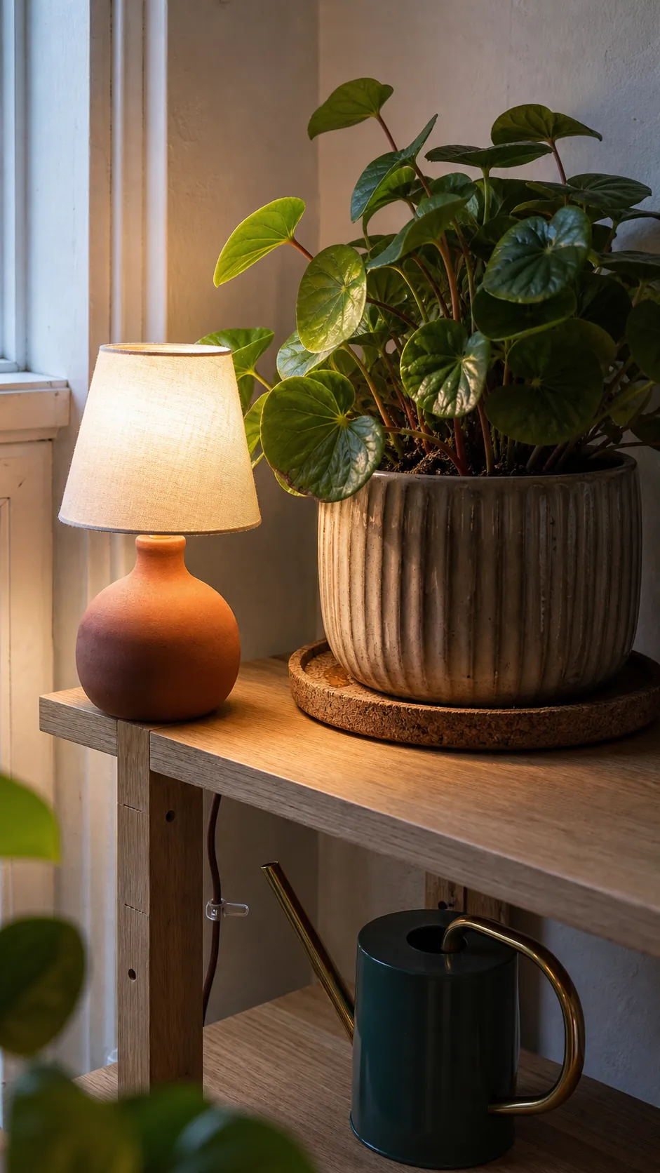 Small warm lamp grazing textured leaves on a plant shelf