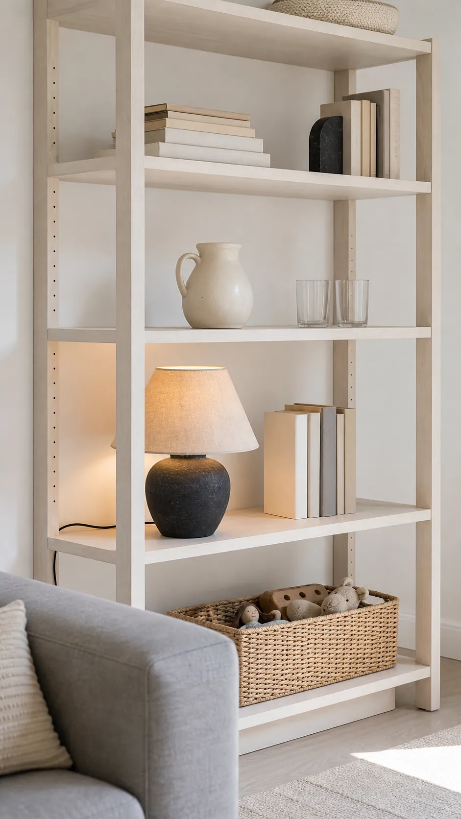 Dark-base small lamp anchoring pale open shelves