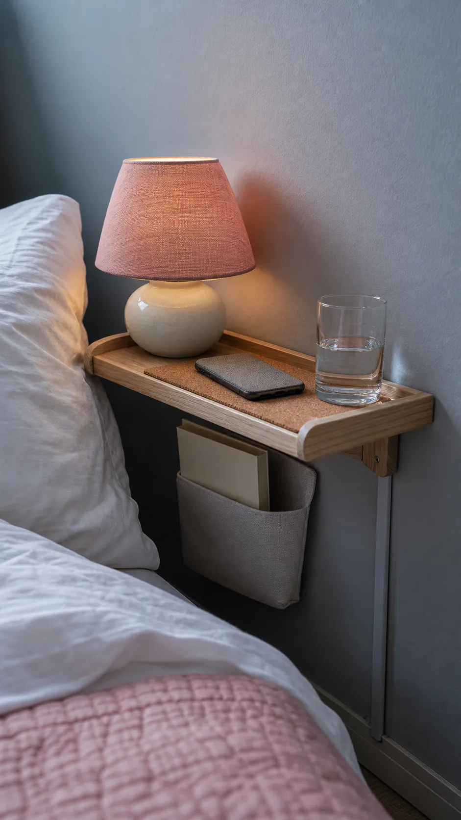 Petite lamp on a wall-mounted bedside shelf in a small bedroom