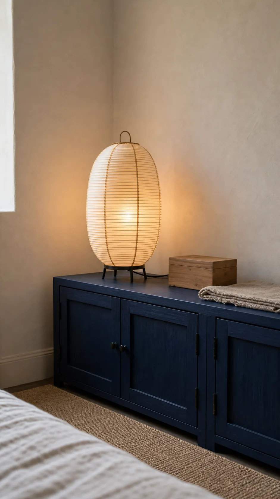 Small paper lantern lamp on a low corner cabinet