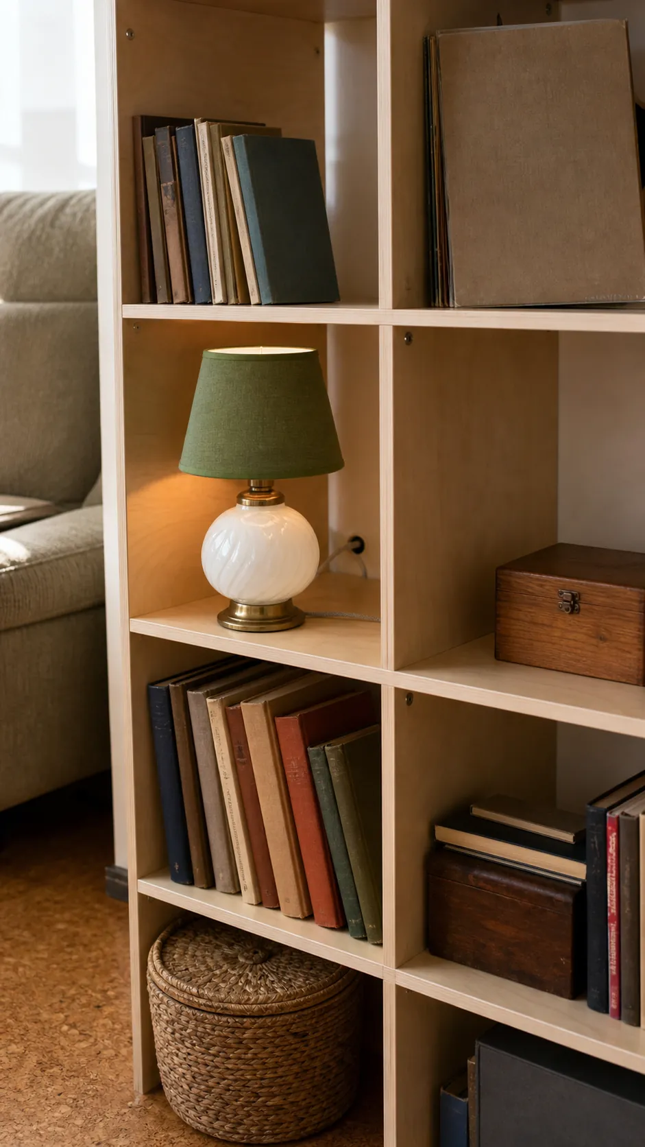 Vintage small lamp adding character to modular cube shelving