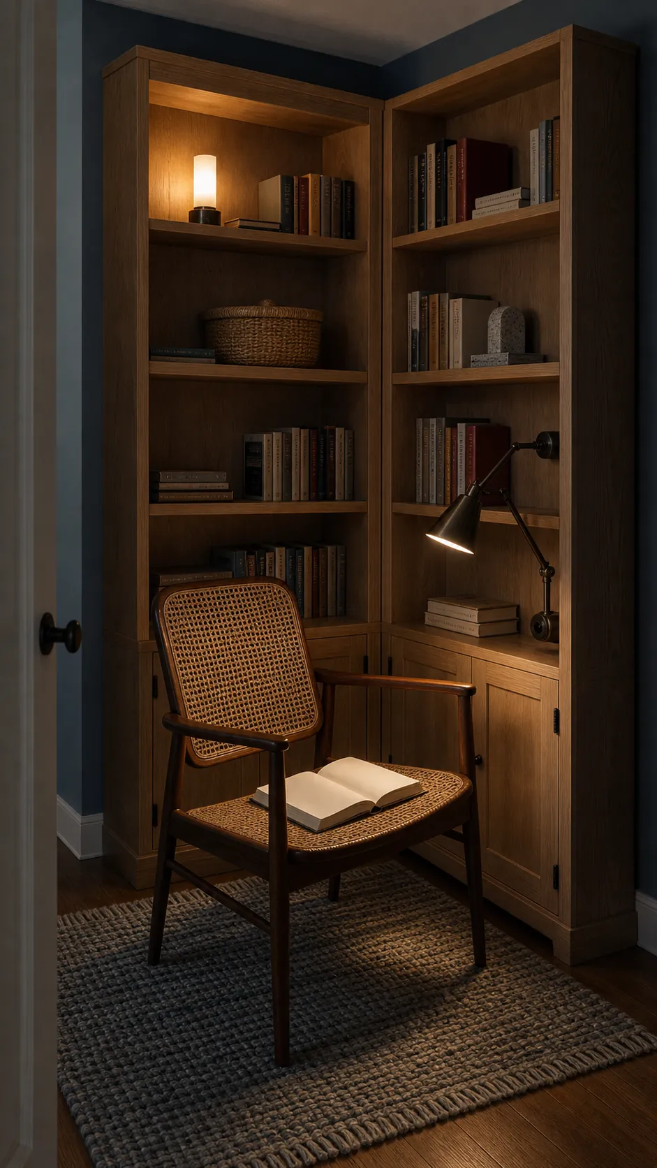 Two different small lamps balancing a tall corner bookcase