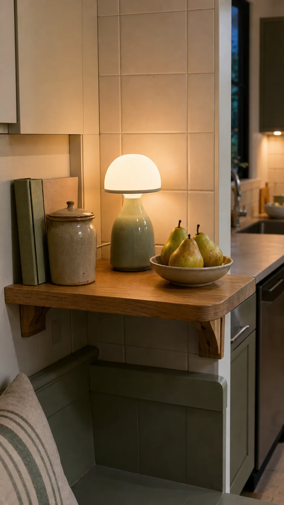 Small washable ceramic lamp on a kitchen corner shelf